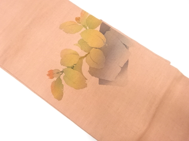 作家物　手織り節紬　手描き　枝蕾模様　名古屋帯